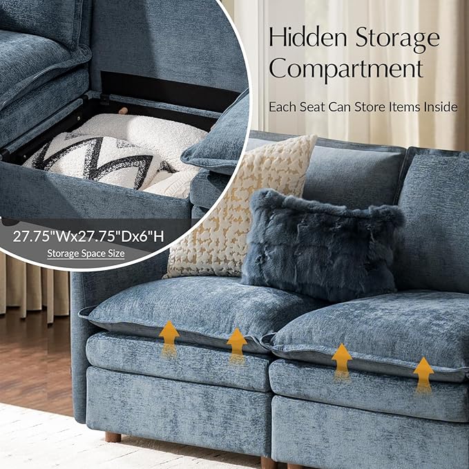HULALA HOME 128'' Power Recliner Sofa with Storage Ottoman, Oversized Modular Sectional Sofa L Shaped Couch with Double-Layered Cushions, 8 Seater Cloud Couch for Living Room, Blue