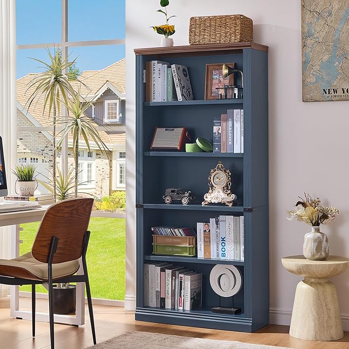 70" Blue Tall Bookshelf Set of 4,5-Tier Thick Wooden Book Shelf with Adjustable Shelves,Free Standing Farmhouse Bookcase with Open Display Storage,Floor Vintage Bookshelves for Living Room