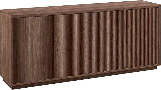 Henn&Hart 68'' Fluted Sideboard Buffet Cabinet, Ribbed Modern Wooden Credenza with 4 Doors, Adjustable Shelves, and Cable Management Cut-Outs for Dining Room, Kitchen, or Living Room, Satin Walnut