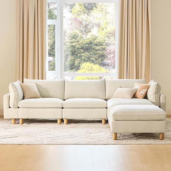 CHITA 127" Super Large Sectional Couches for Living Room, Modular Cloud Couch Sectional Sofa, Premium Fabric Couches, Down Filled, High Density Foam, Chenille in Cream, 5 Seat U Shaped