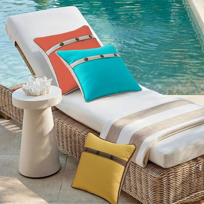 Outdoor Sunbrella Decorative Pillows with Triple Coconut Buttons Pack of 4, 18" x 18" Outdoor Pillow Set for Couch Bed Throw Patio Sofa, Canvas Melon/Cast Ash