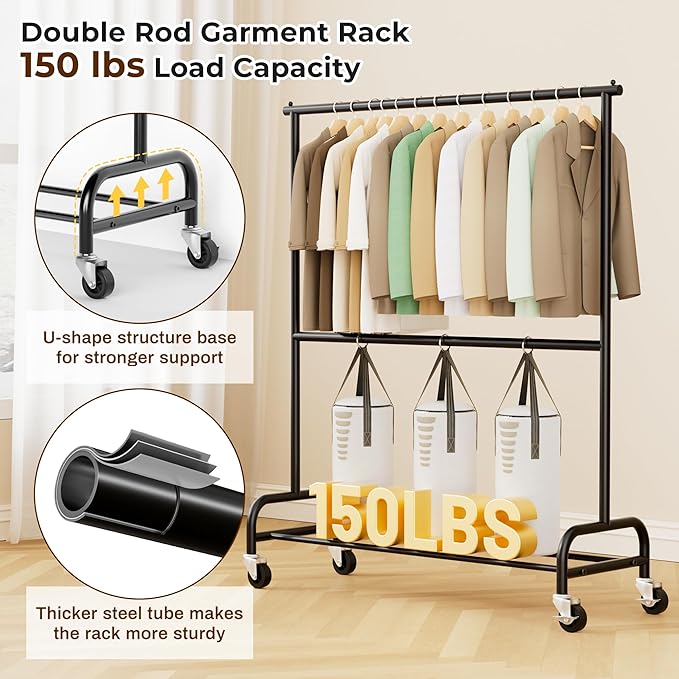 MISSLO Heavy Duty Clothes Rack for Hanging Clothes Rolling Clothing Rack Heavy Duty on Wheels for Coat, Garment, Matte Black (Double Rod)