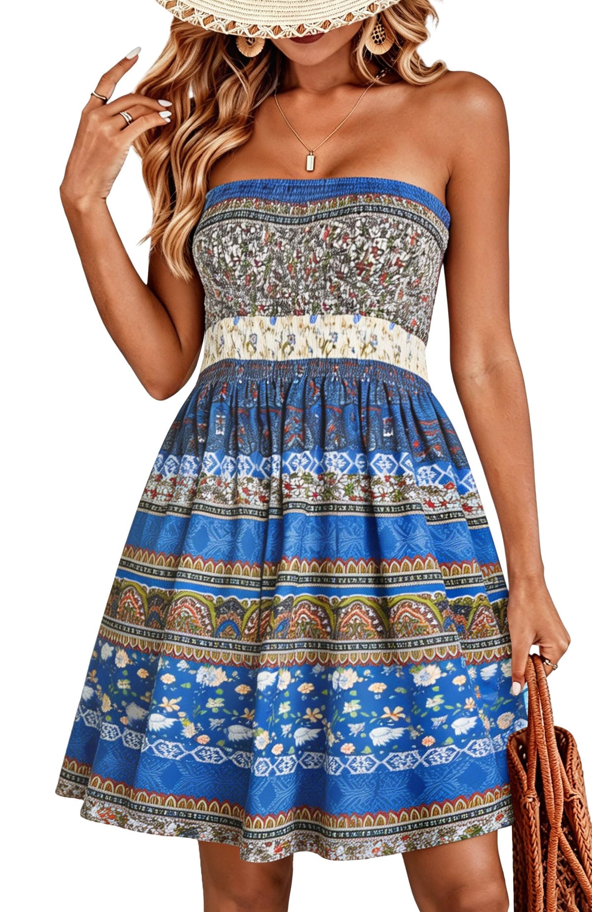 CHICGAL Summer Dresses for Women Beach Cover Ups Strapless Boho Floral Print Sundress(Flower Blue,M)