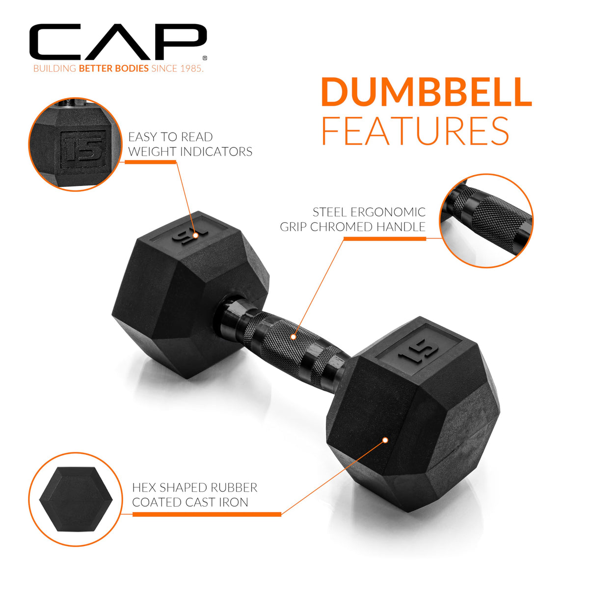 CAP 15 LB Rubber Coated Hex Dumbbell Weight, Rubber Free Weights for Home Gym Strength Training, Black Oxide Handle, Single