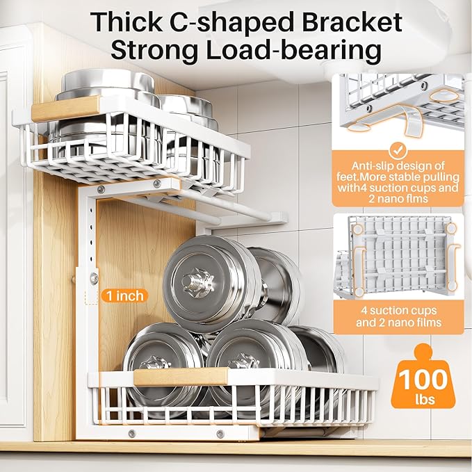 2 Pack Under Sink Organizer,Adjustable Height,2 Tier Pull Out Under Cabinet Organizer,Slide Out Thickened Metal Under Sink Storage for Kitchen Bathroom Cabinet Pantry