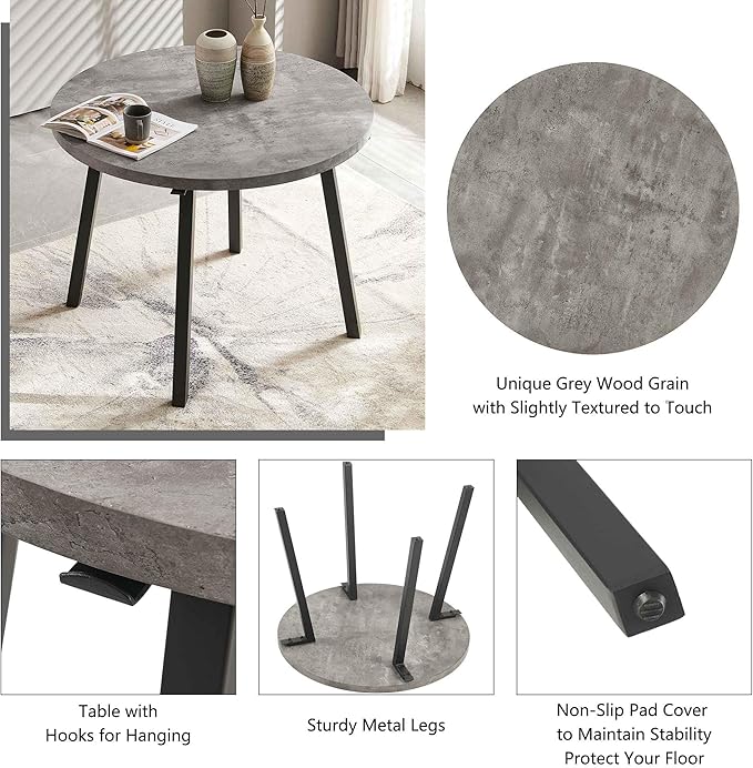5-Piece Dining Room Table Set for 4, Round Kitchen Table Set, Grey Engineered Wood Coffee Breakfast Table with Hooks, 4 Soft Velvet Kitchen Dining Chairs, Metal Legs