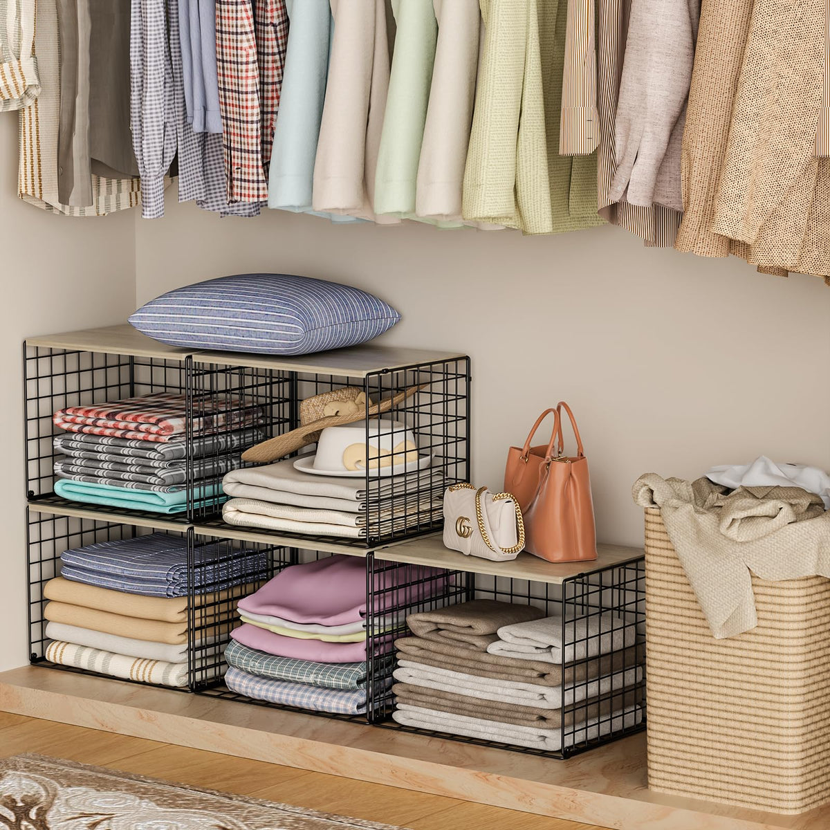 Extra-Long Closet Organizers and Storage with Top Board, 3 Pack Stackable Closet Shelf Organizer, Double Storage Design Clothes Storage Cube/Bin Organizer for Wardrobe,Space-Saving, Black,Sturdy,Metal