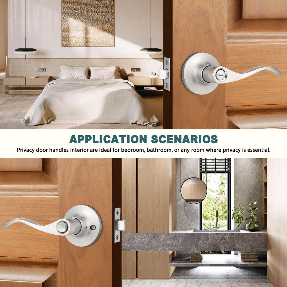 GOBEKOR 10 Pack Privacy Door Levers Bedroom Door Handle with Lock Satin Nickel Interior Door Handles Keyless Door Lock Wave Bed/Bath Lever