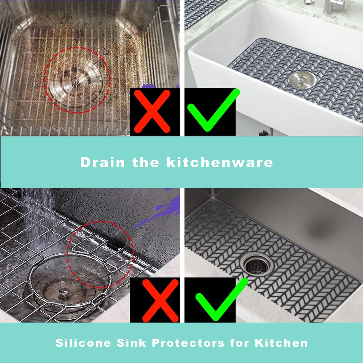 AWOKE Sink Protectors for Kitchen Sink - 26"x 14" Sink Mat - Heat-resistant Easy-clean Silicone Sink Mat - for Protection of Stainless Steel Sink - with Center Drain (Grey),Kitchen Sink Accessories