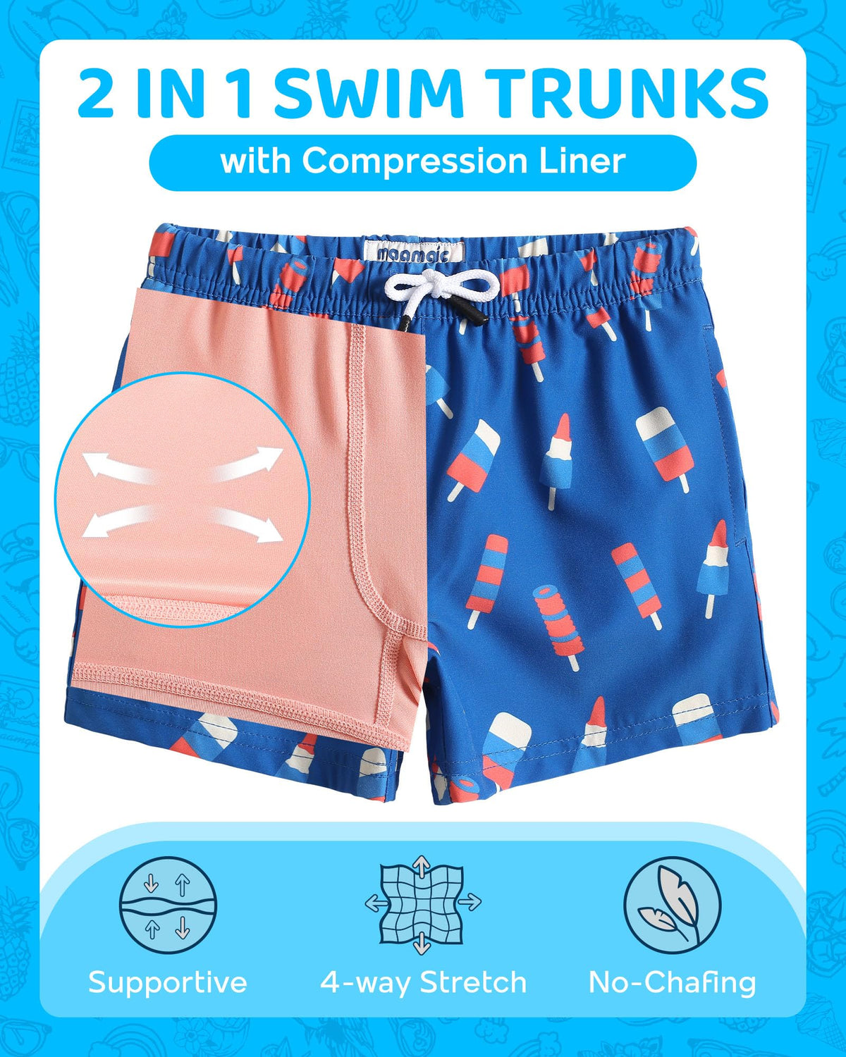 maamgic Boys Swim Trunks with Compression Liner Toddler Boy Swimsuit Quick Dry 4-Way Stretch Swimming Trunks Ice Cream Ocean Blue 4T