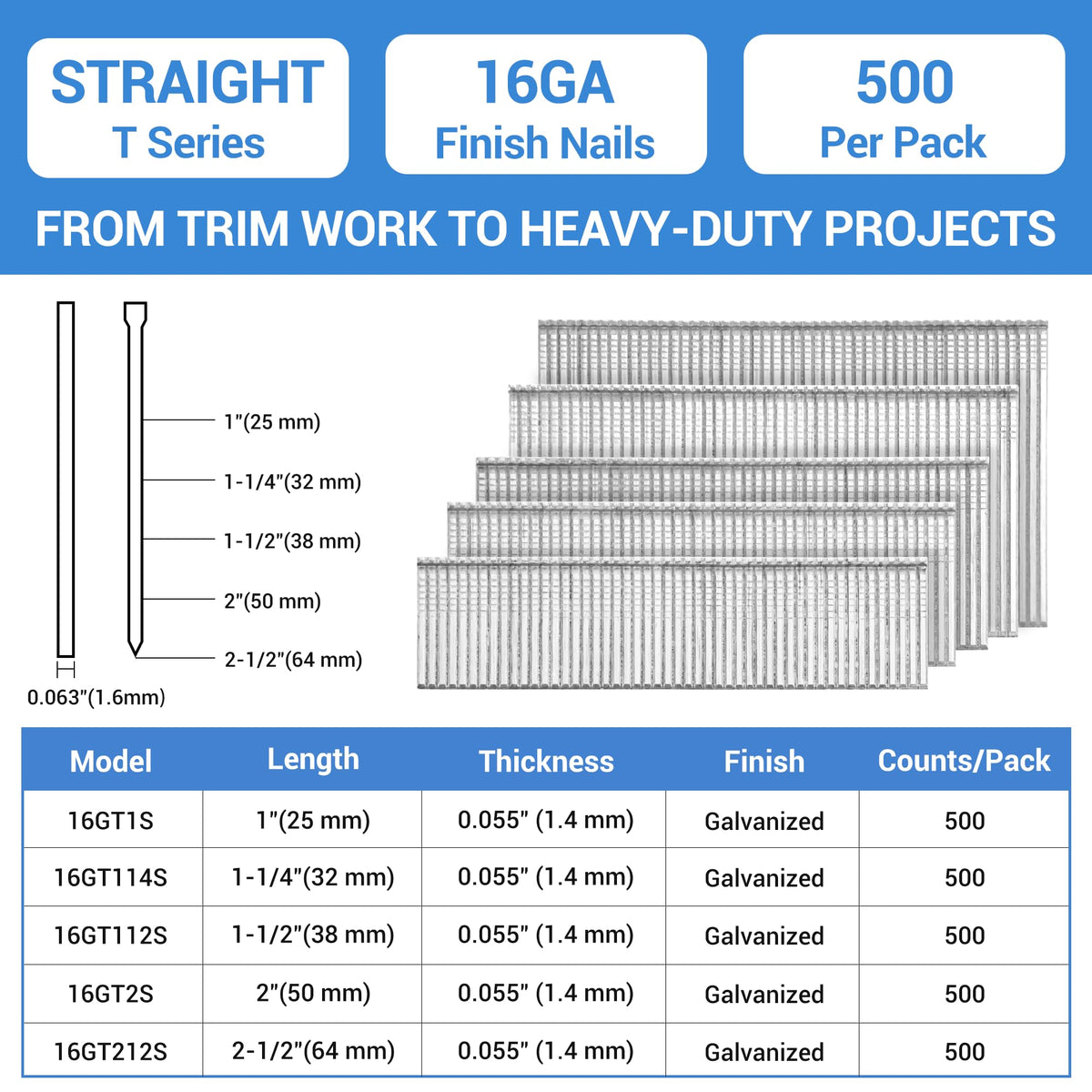 meite 16 Gauge Finish Nails - 2 Inch Galvanized 16GA Finishing Nails Straight Finish Nails for Window Casing Baseboard Crown Molding Trim Work, 500PCS