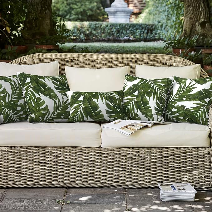 LVTXIII Set of 2 Patio Throw Pillows Waterproof 20"x20" Fade Resistant Outdoor Throw Pillows with Inserts, Fluffy Decorative Garden Toss Pillow Cushions for Home Patio Coach Sofa Use, Palms Green
