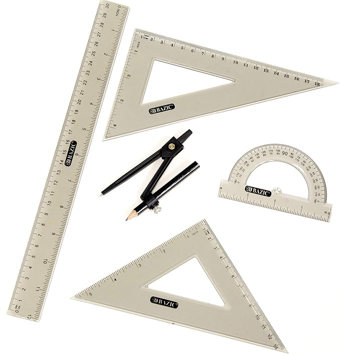BAZIC Products Math Geometry Set 4 Pieces, Compass, Protractor, Ruler, 2 Triangle Rulers, Plastic Clear Measuring Setss Professional, 144-Packs