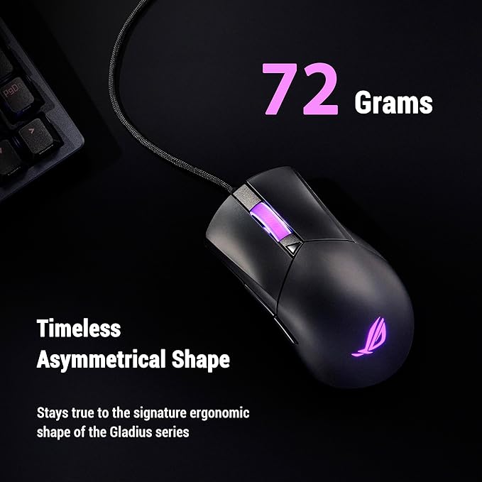 ASUS ROG Gladius III Core Wired Gaming Mouse – Right-Handed Ergonomic, 72g, 12K DPI, ROG Paracord, Push-Fit Switch Sockets/Hot-Swappable Switches, Gear Link Web-Based Configuration, PC/Mac Support
