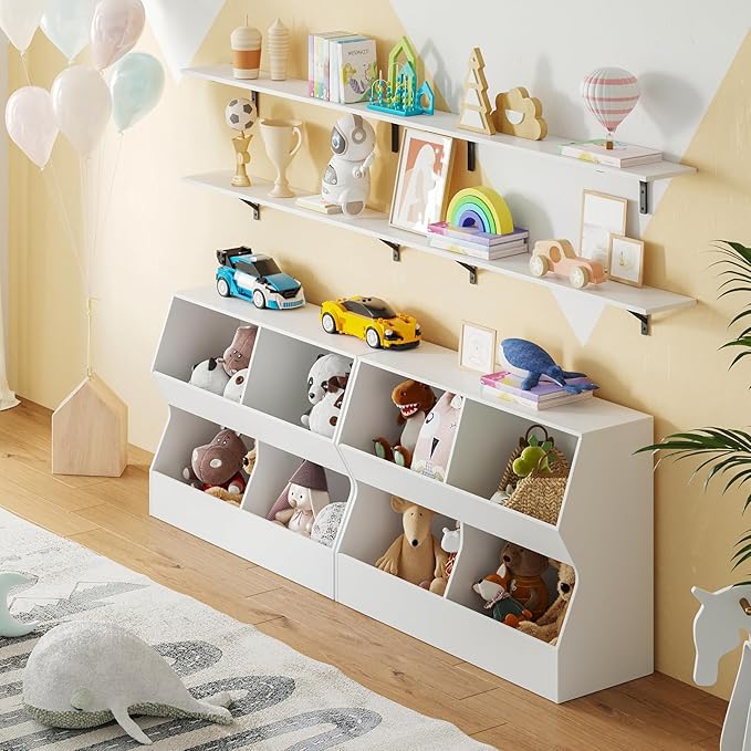 DINZI LVJ Kids Bookshelf, Toy Storage Organizer, Wooden Toy Storage Cabinet, 4 Cubby Children Bookcase, 43.3" L Toddler Book Shelf for Bedroom, Nursery, Hallway, School, White