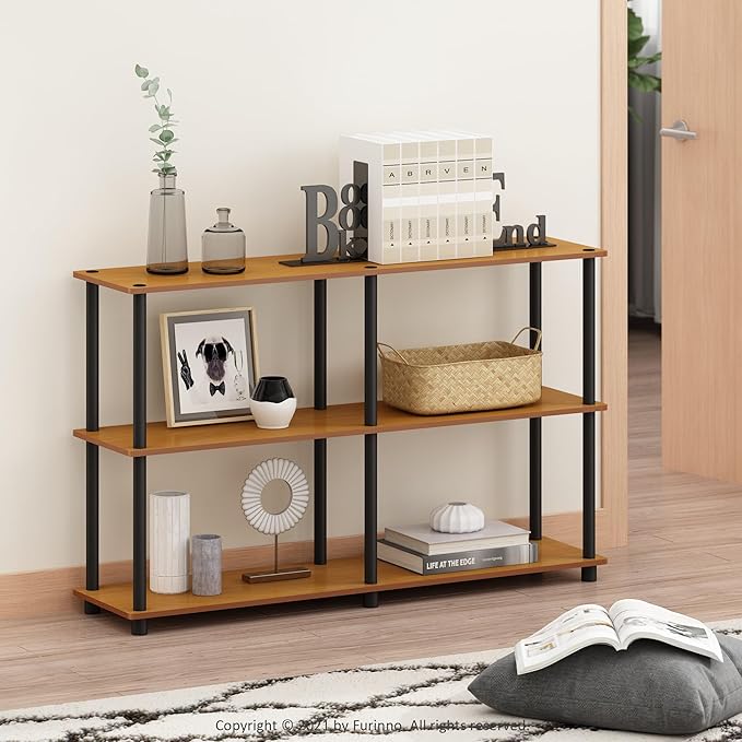 Furinno TURN-N-TUBE Storage Shelves, 3-Tier 47.4 Wide Book Shelf, Corner Shelf, Toolless Open Shelves, for Organization and Storage, Living Room, Garage, Home Office, Light Cherry