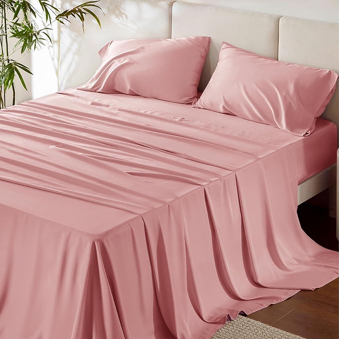 Bedsure King Size Sheets Set, Cooling Sheets for Hot Sleepers, Rayon Derived from Bamboo, Breathable & Soft, Deep Pocket Up to 16 Inches, Hotel Luxury Silky Bedding, Blush Pink