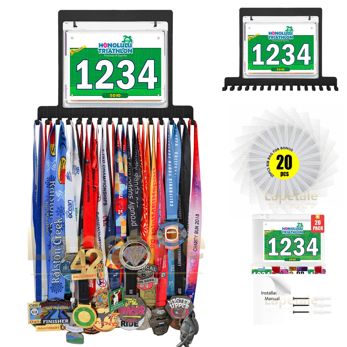 Lapetale Fashion Purple Race Bib and Medal Display,Marathon Medal Display and Runner Medal Hanger Display,Bib Running Medal Display,Running Medal Hanger Display,Gifts for Runners