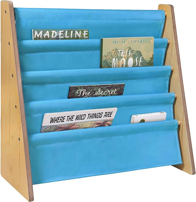 Wildkin Wooden Sling Bookshelf for Kids – Premium Canvas Design with 4 Fabric Shelves, Organizer for Home or Classroom - Natural w/Sky Blue