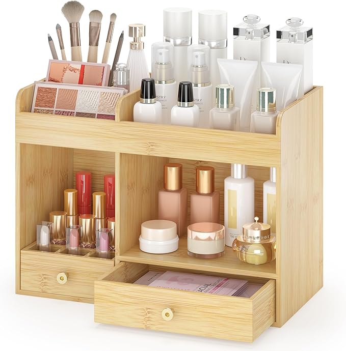 Makeup Organizer with Drawers, Bamboo Countertop Cosmetic Storage for Dresser Vanity Organizer Beauty Desk Skincare Holders Container Make Up Organizing for Lipstick
