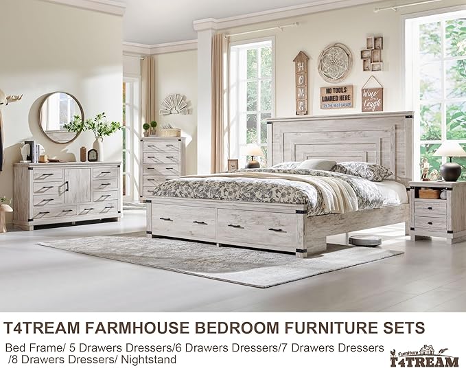 T4TREAM Farmhouse King Size Bed Frame with 54" Tall Geometric Headboard & 2 Large Storage Drawers, Rustic Wood Platform Bed with Wood Slats Support, No Box Spring Needed, Antique Brushed White