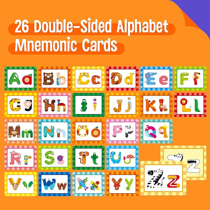 Alphabet Picture Mnemonic Cards, 26 Uppercase & Lowercase Letter Learning Cards for Kids Letter Cognition, ABC Montessori Early Learning Tool for Toddlers, Classroom & Home Activity