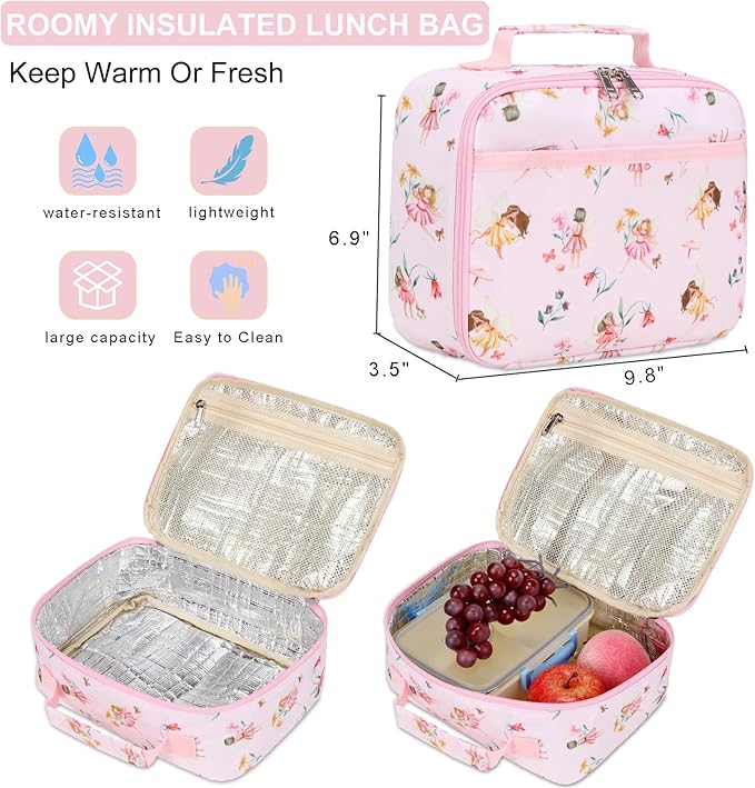 DSIUE Kids Backpack for Girls Elementary BookBags Teens School Backpack with Lunch Box Flower Fairy Pink