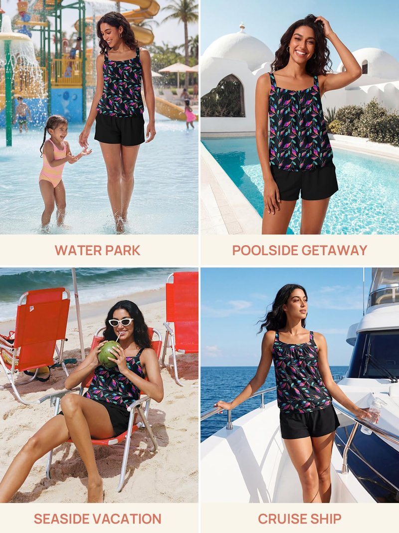 Summer Mae Blouson Womens Tankini Swimsuits 2026 Modest Tummy Control Bathing Suits Swim Shorts with Pockets for Beach Iridescent Leaf Size 16