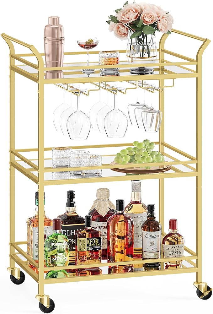 VASAGLE Bar Cart Gold, Small Home Bar Serving Cart with 3-Tier Mirrored Shelf, Wine Holders, Glass Holders, for Small Spaces, Kitchen, 15 x 23.6 x 36.2 Inches, Gold ULRC100A01