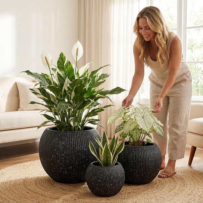 DTY Signature Mount Sherman Modern Indoor Outdoor Fiberstone Sphere Planter, Durable Round Garden Pot, Weather Resistant, Drainage Hole & Rubber Plug,Planter for Christmas Tree (Ribbed Black, Medium)