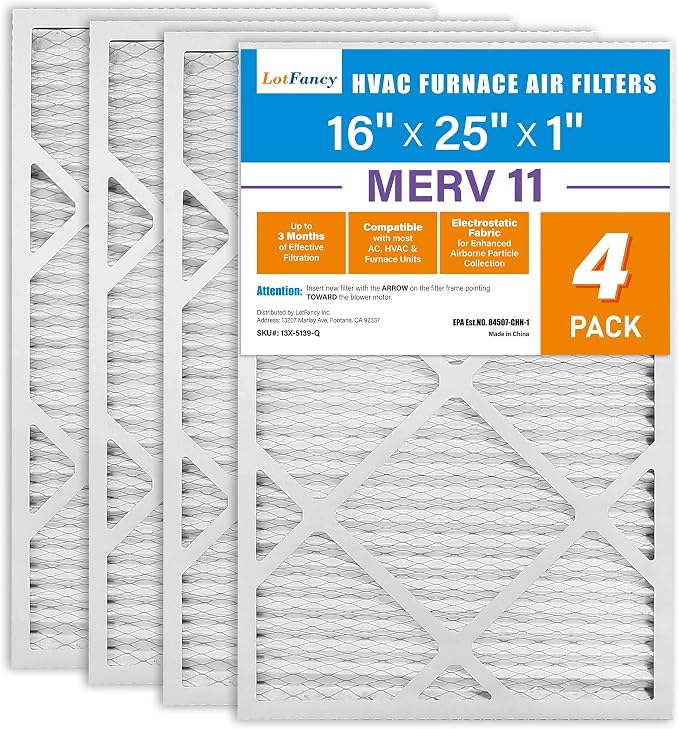 LotFancy 16x25x1 Air Filter MERV 11 4-Pack, Electrostatic Pleated AC Furnace