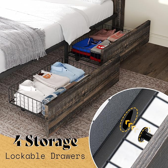 AMERLIFE King Size Farmhouse Bed Frame with 4 Drawers, Wooden Storage Bed Frame with Headboard and Heavy Duty Metal Slats, Noisy Free, Easy Assemble, Rustic Black