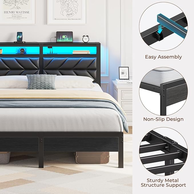Seventable Queen Bed Frame with Charging Station & LED Lights, Upholstered Headboard with 2-Tier Storage Shelves, Metal Platform with Under Bed Storage, No Box Spring Needed, Easy Assembly, Black