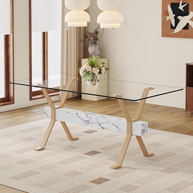 Glass Dining Table 71"｜Modern Dining Table for 6-8｜0.4" Thick Tempered Glass Top｜Wood Pattern Metal Legs｜Marble Crossbar｜Easy Assembly｜Perfect for Dining Room or Kitchen
