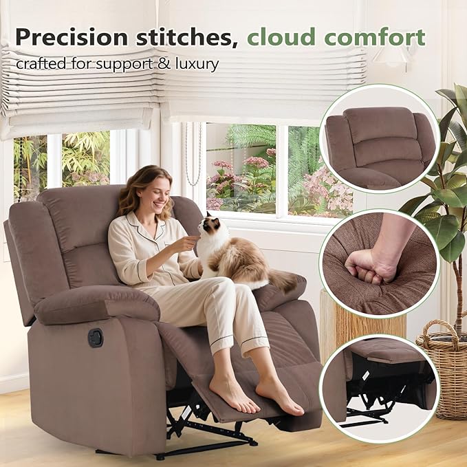 ANJ Fabric Recliner Chair with Overstuffed Arm and Back, Comfy Chocolate Manual Reclining Chairs for Adults, Living Room Single Sofa Recliners