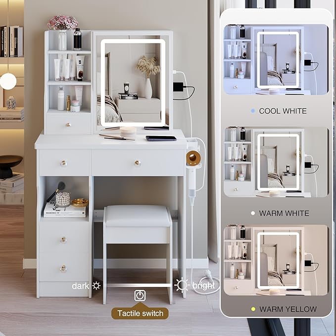29.2" Small Vanity Desk with Mirror and Lights, Makeup Table with 2 AC+2 USB Power Station, Hair Dryer Bracket, Vanity Set with 5 Drawers and Stool for Small Space Bedroom, White