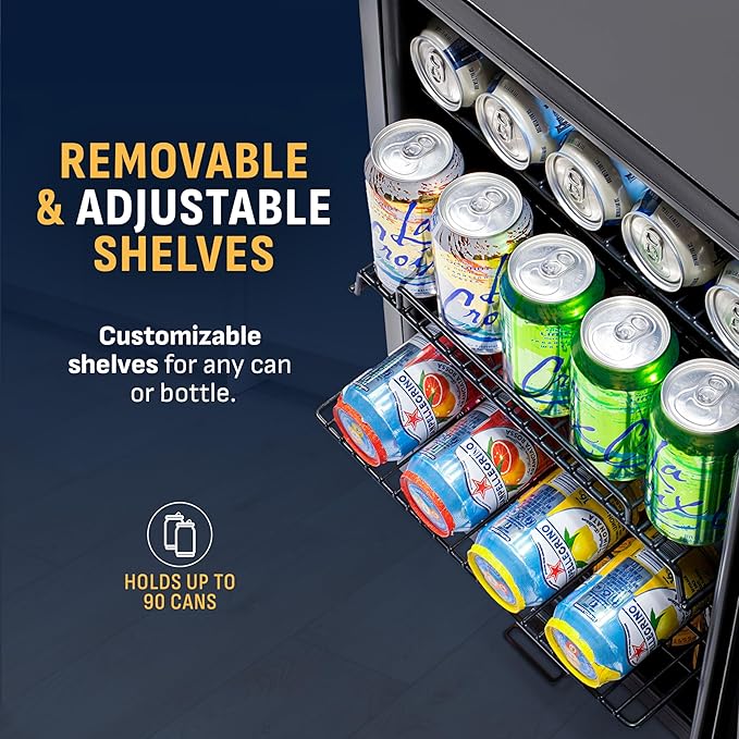 NewAir 90 Can Beverage Refrigerator | Freestanding Small Mini Fridge for Bedroom, Home Bar or Office | Adjustable Shelves, Quiet Cooling & Locking Door | Black
