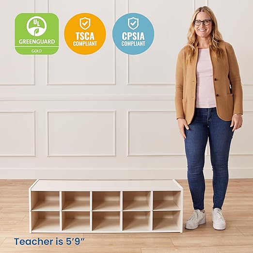 ECR4Kids Streamline 10 Cubby Tray Storage Cabinet, 2x5, Classroom Furniture, White Wash