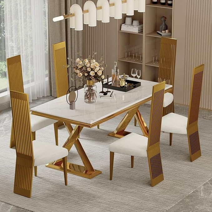 Gold Dining Chairs Set of 4, White Boucle Dining Chairs with Brushed Gold Stainless Steel Backrest and Legs, Modern Elegant Upholstered Dining Room Chairs for Dining Room Kitchen Restaurant