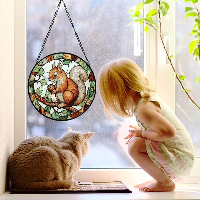 Stained Glass Window Hanging, Squirrel on a Branch Suncatcher Diamond Glass Panel Animal Sun Catchers Decor for Birthday for Women, Men, Wife, Aunt, and Mom 6.3 in