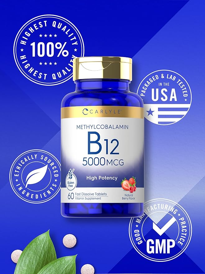Carlyle Methylcobalamin Vitamin B12 5000mcg | 60 Fast Dissolve Tablets | for Adults | Vegetarian, Non-GMO & Gluten Free Supplement