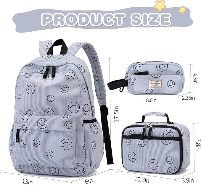 Backpack for Girls Boy Teen Corduroy Bookbags Elementary Middle High School Women Laptop Bag with Lunch Box Pencil Bag (Smile Blue)