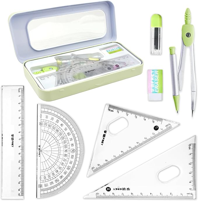 KatchOn, Geometry Set for Students - 8 Pieces | Metal Compass, Protractor, Eraser, Triangle Ruler, Lead Refills and Metal Box | Protractor and Compass Set | Back to School Supplies | Class Supplies