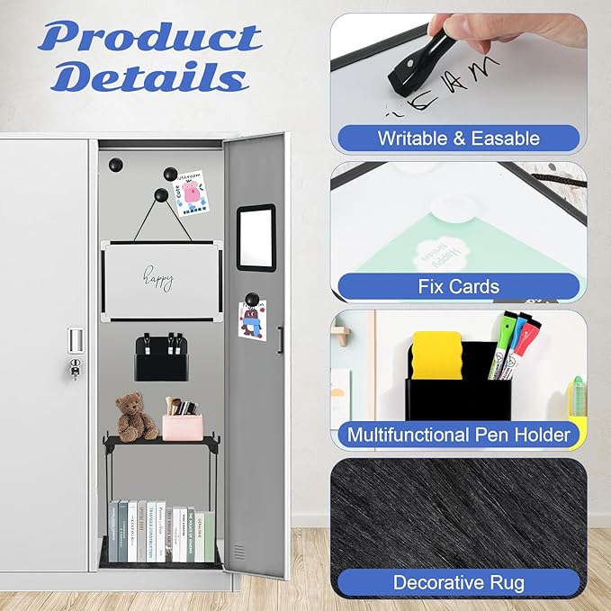 12 Pcs Locker Organizer and Decorating Kit, First Day of School Essentials for Girl Marble Print Whiteboard with Markers Locker Shelf Plush Area Rug String Light Mirror Magnetic Cup and Magnet (Black)