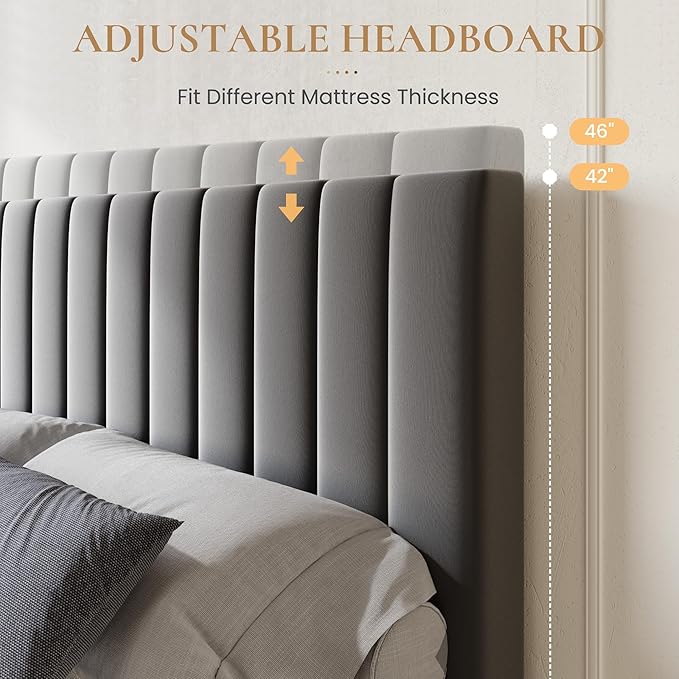 SHA CERLIN Full Size Platform Bed Frame with 4 Storage Drawers, Vertical Channel Tufted Adjustable Headboard, Velvet Upholstered, Wooden Slats Support, No Box Spring Needed, Easy Assembly, Grey