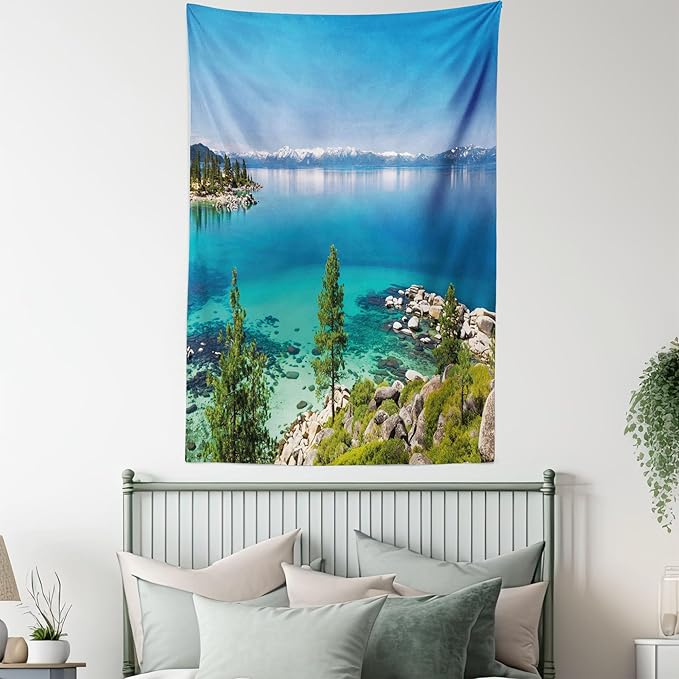 Ambesonne Blue Tapestry, Tranquil View of Lake Tahoe Sierra Pines on Rocks with Turquoise Waters Shoreline, Fabric Wall Hanging Decor for Bedroom Living Room Dorm, 23" X 28", Blue Grey Green