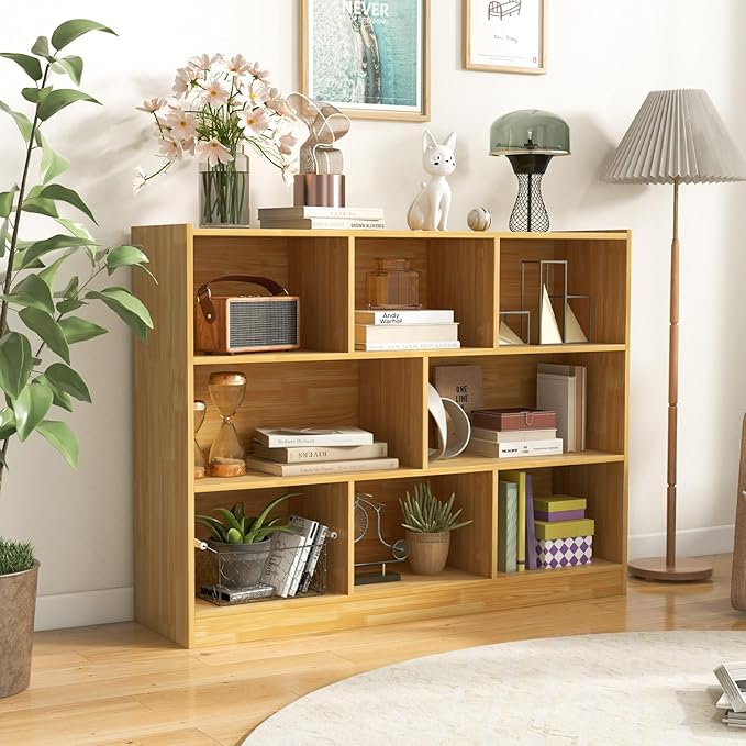 NAFORT 8-Cube Organizer Storage Cabinet, 3-Tier Bookshelf,Low Displaycase, Wooden Bookcase for Bedroom/Preschook/Classroom/Office, Burlywood