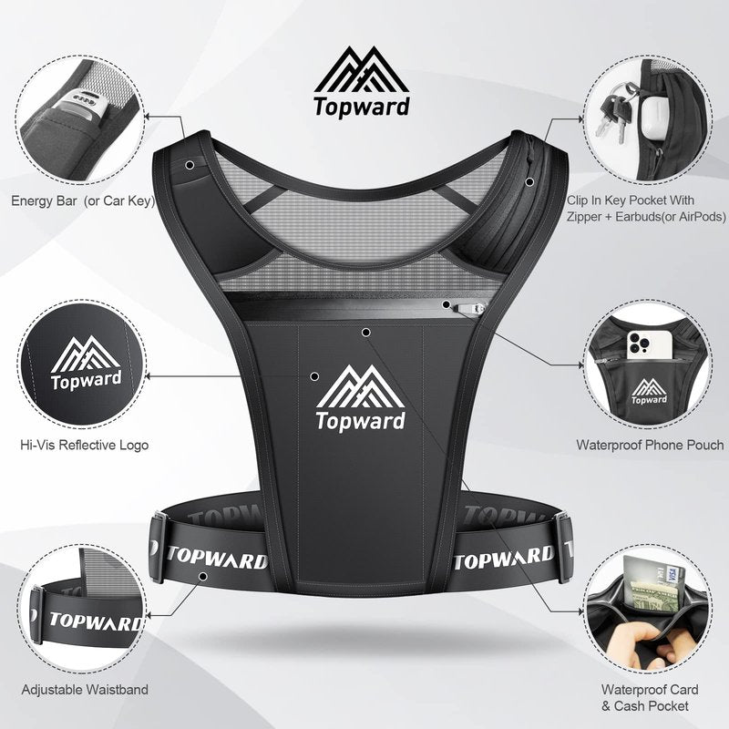 Topward Running Vest Phone Holder for Men Women, Waterproof Cell Phone & Key Pouch, Reflective Hydration Vest Train Free Workout Gear - Lightweight, Breathable Mesh Pockets - Adjustable Waistband
