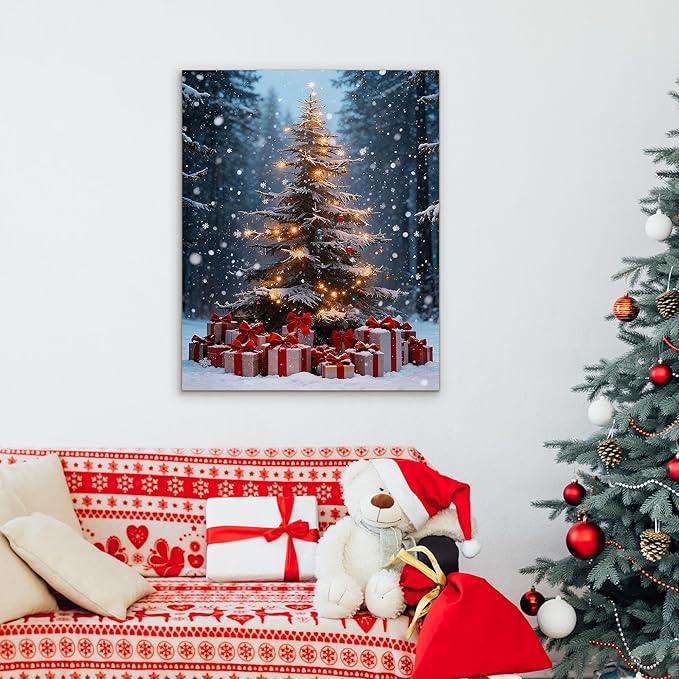 Framed Christmas Pictures Wall Decor,Vintage Pine Tree Prints,Winter Christmas Canvas Wall Art Decoration for Bedroom Bathroom Living Room Rustic Xmas Holiday Gifts (Christmas Tree 14, 20'' X 32'')