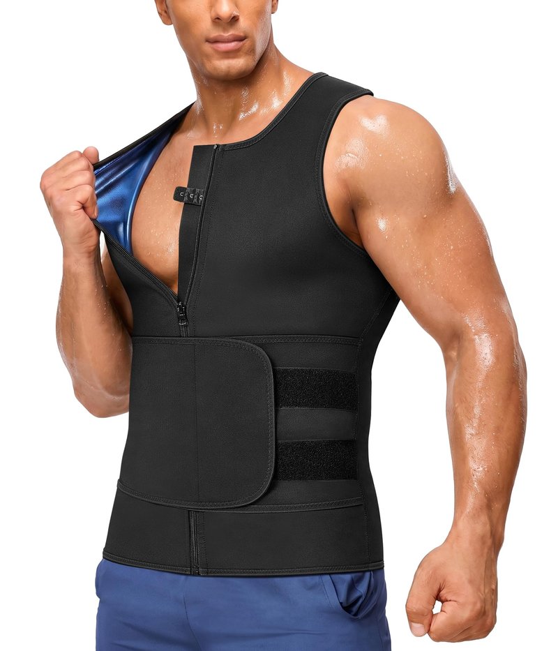 Junlan Sauna Suit for Men 2 in 1 Waist Trainer Sauna Shirt for Men Sweat Band for Stomach(Blue,2X-Large)